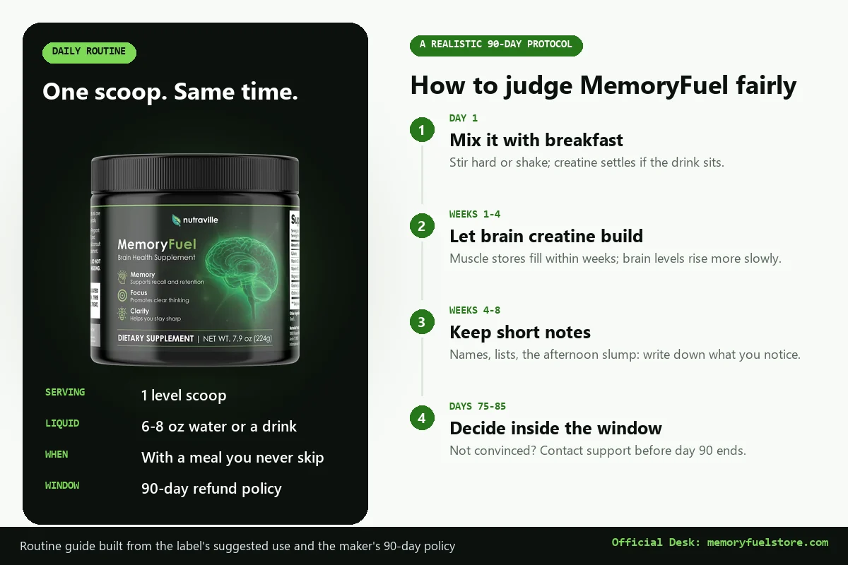 MemoryFuel daily routine graphic: one scoop in 6 to 8 oz of water with a meal, and a four-stage 90-day plan